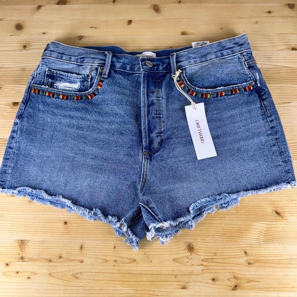 Driftwood Goldie Embroidered Denim Shorts Size 33 Frayed Hem Bird Boho Festival