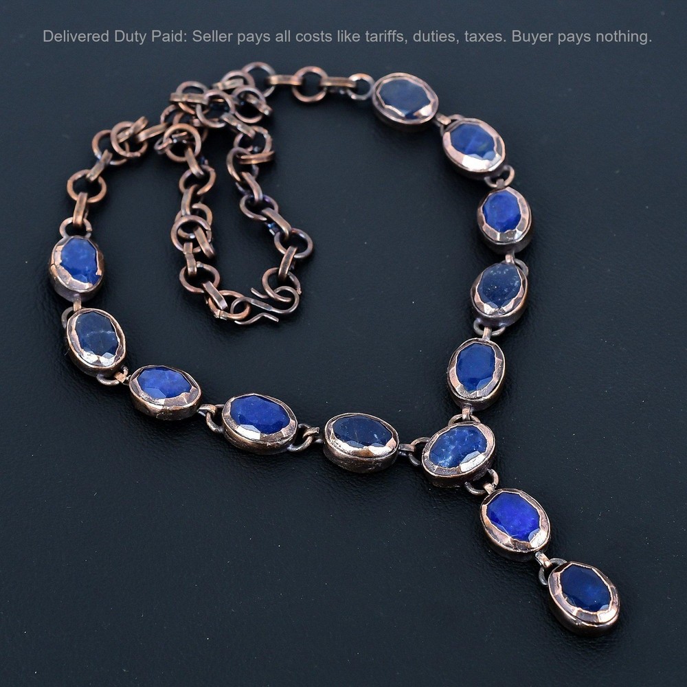 Cyber Monday Sale Copper Blue Saphire Stone Chain Electroformed Necklace Jewelry-image