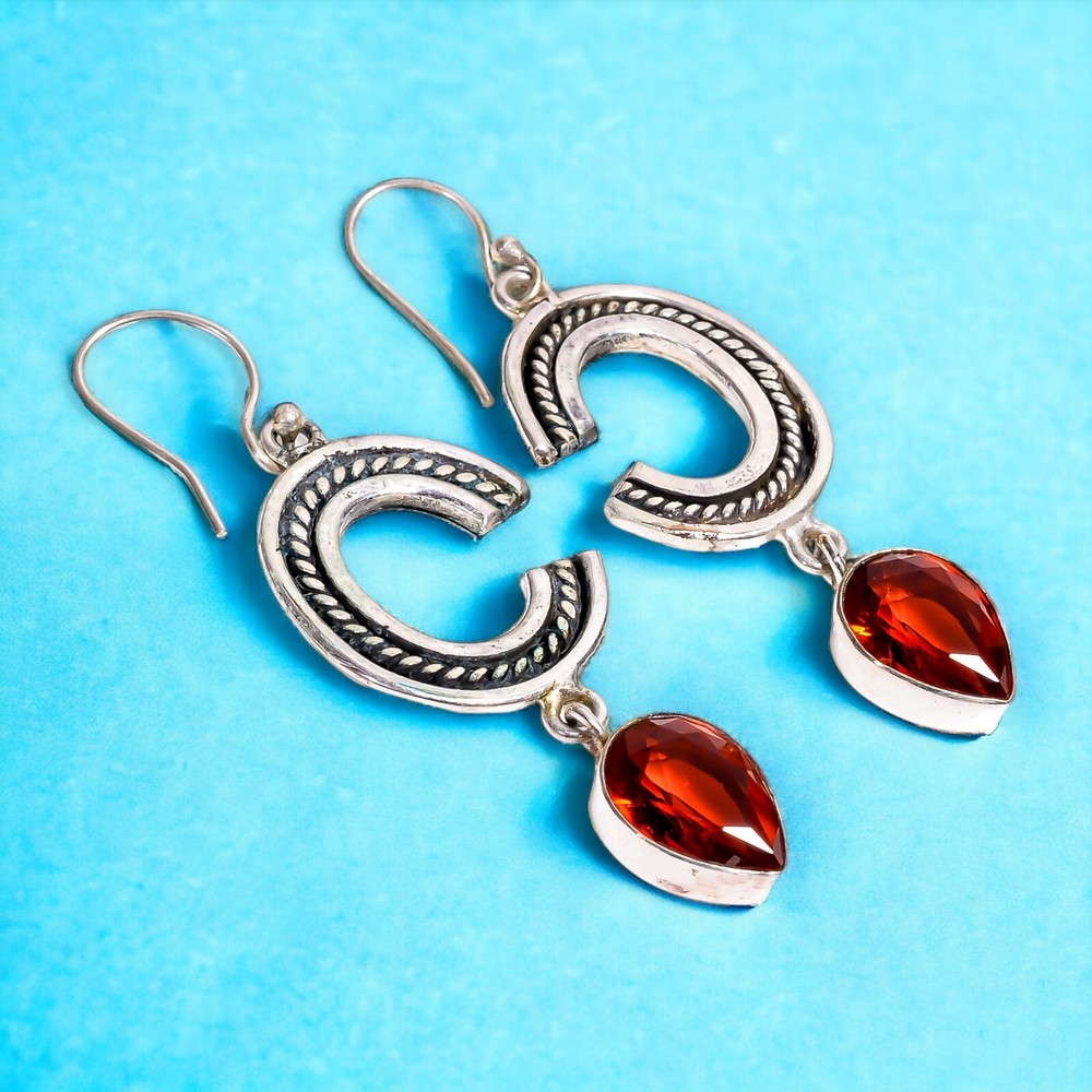 Natural Red Garnet Gemstone Drop/Dangle Birthstone Earrings 925 Sterling Silver