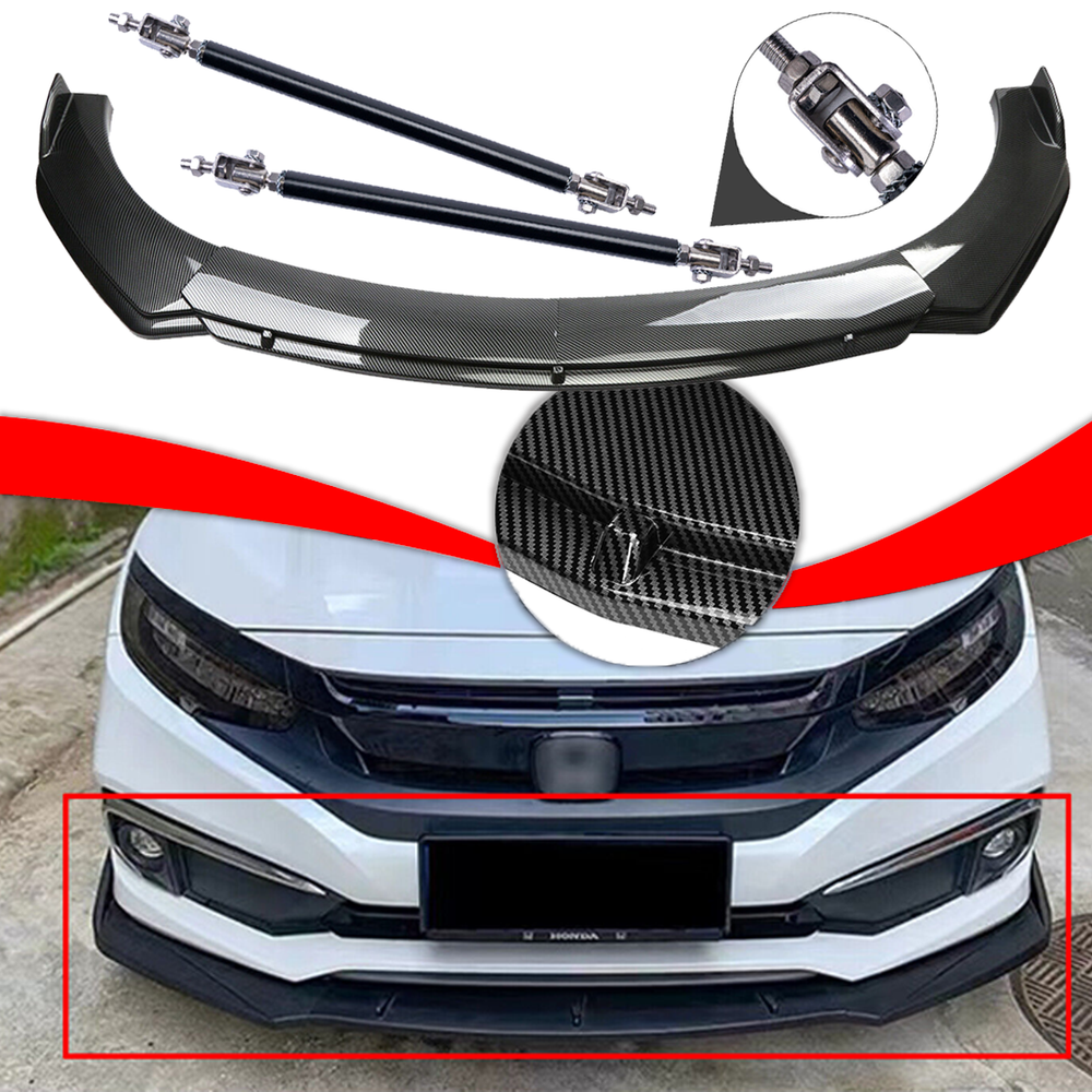 For Honda Civic 2016-2021 Carbon Fiber Style Front Bumper Lip Spoiler Strut Rods