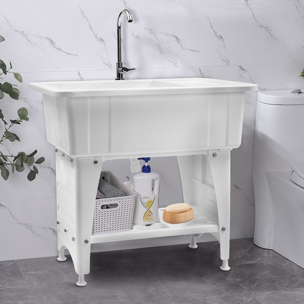 Freestanding White Utility Sink Laundry Tub with Faucet for Home