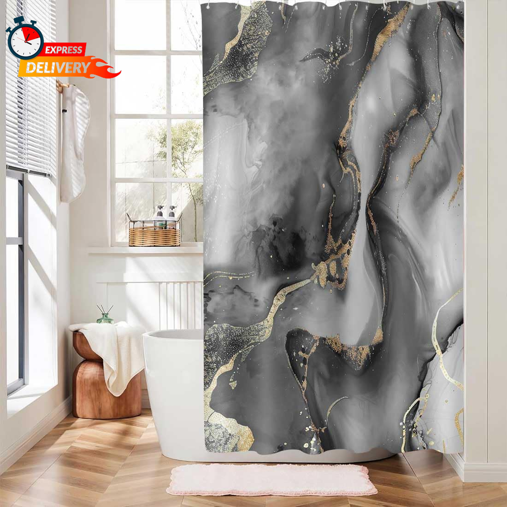 Luxury Black Gold Marble Shower Curtain for RV Bathroom Decor with Abstract Gray Gold Design