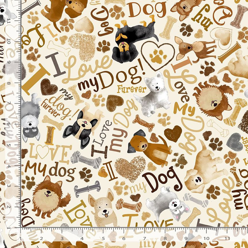 Happiness Has Paws Fabric with Tossed Dog and Words Cream Design by Timeless Treasures YARD