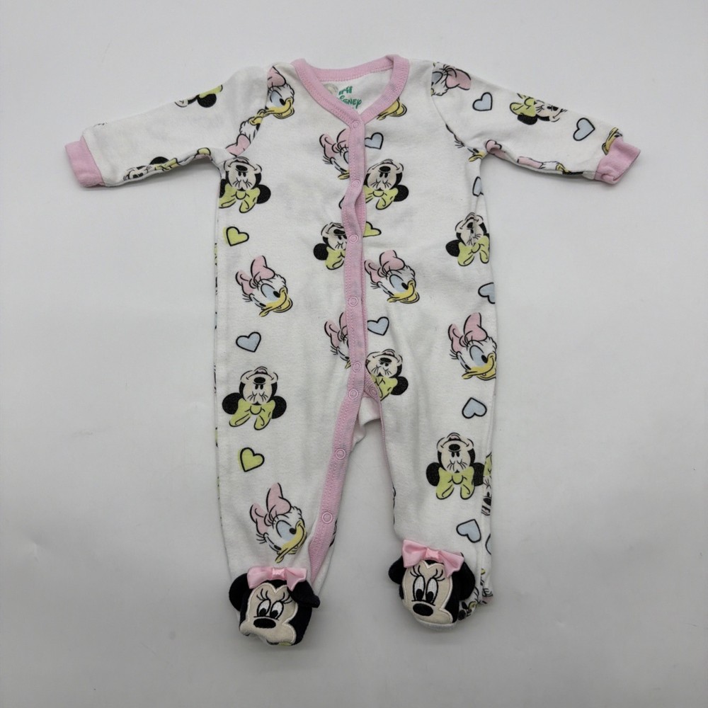 Disney Baby One Piece Toddler Girls Size 0/3M White Logo Aop Full Snap.#37927