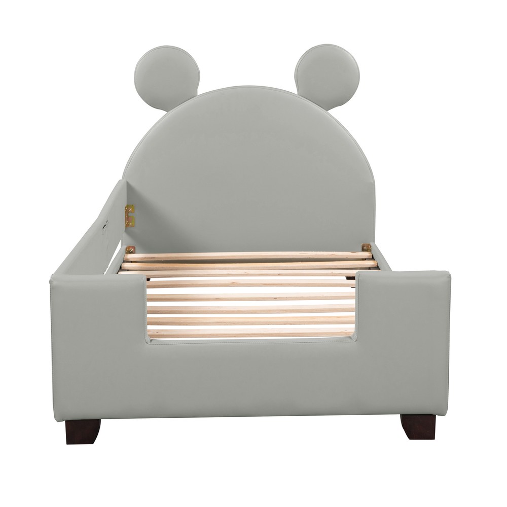 Twin Size Upholstered Daybed with Ears Shaped Headboard in Grey