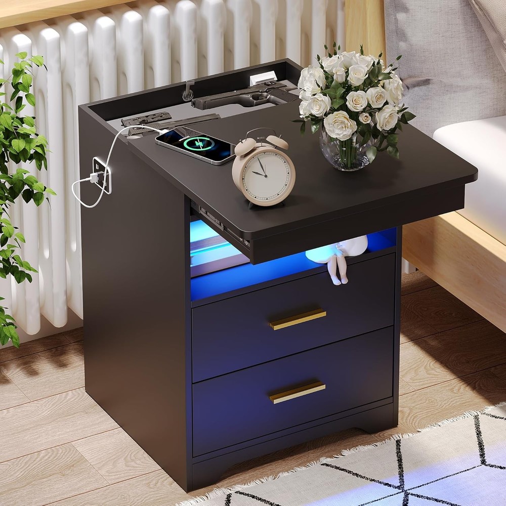Night Stand with Hidden Gun Drawer & USB/Type-C Charging in Black