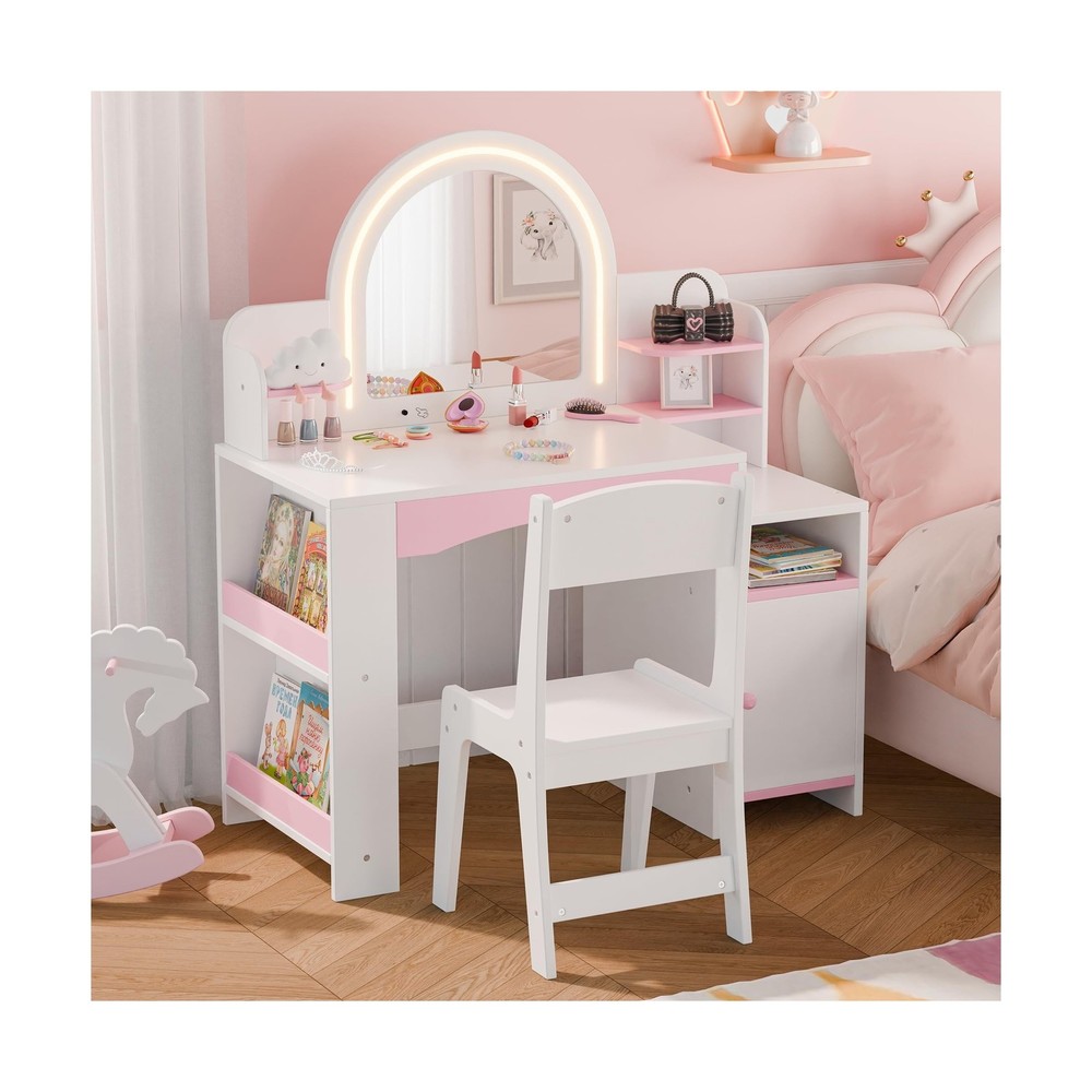 MU Kids Vanity with Lights, Princess Makeup Vanity Desk with Open Bookshelf, ...