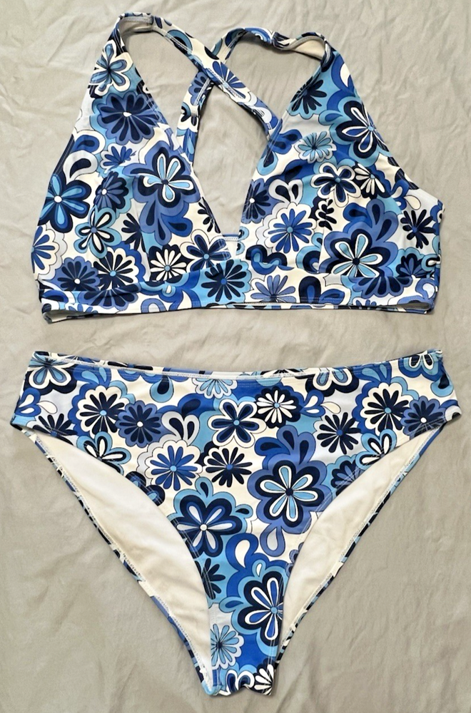 EUC Shein Women's Plus Size 18 Floral Bikini Blue White Halter 2 Piece Swimsuit