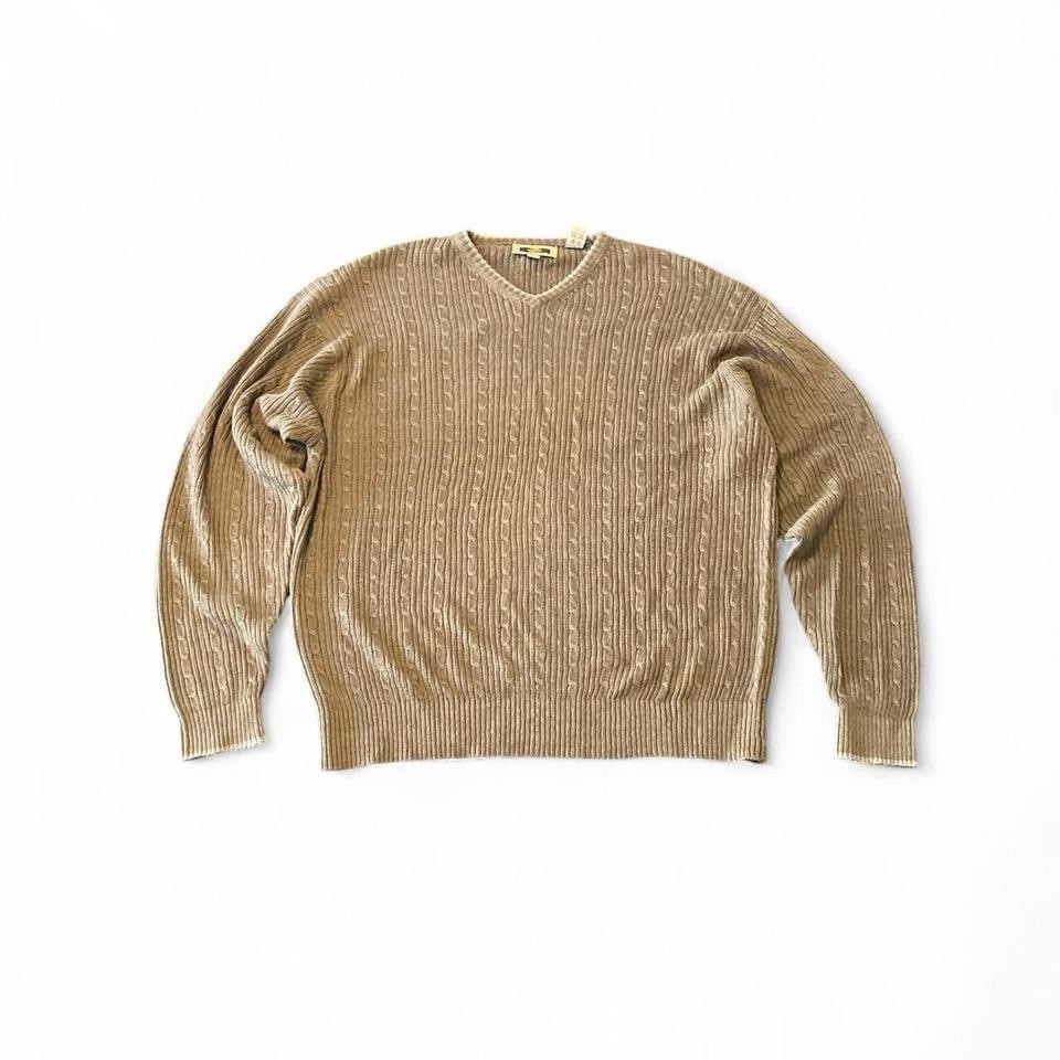 Tan and Brown Vintage 90s Sweater Knitwear Joseph Abboud Size M 100% Linen Knit