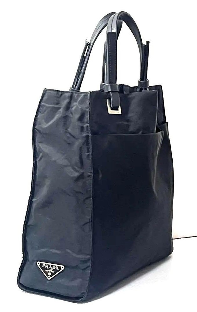 PRADA black nylon leather tote bag with triangular logo in excellent condition
