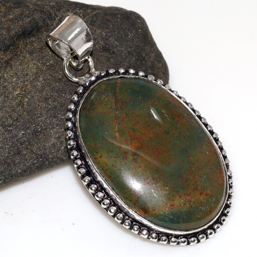 925 Silver Plated Bloodstone Ethnic Pendant Handmade Jewelry Size 1.8