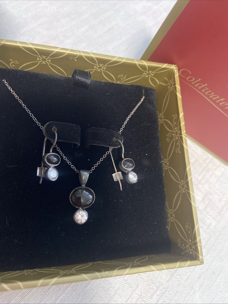 Vintage Coldwater Creek Sterling Silver Black Onyx Earring Necklace Set