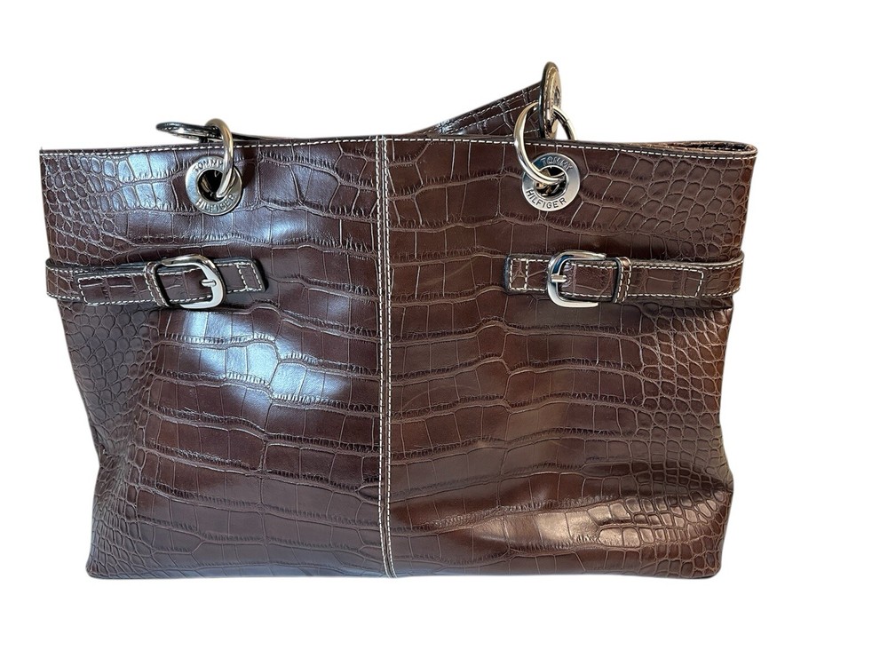 Tommy Hilfiger Brown Faux Crocodile Purse with Dual Handles and Latch