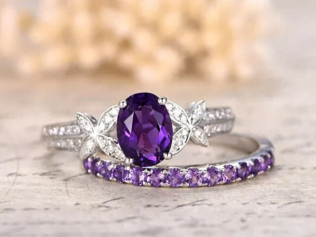 2.20Ct Oval Cut Simulated Amethyst Bridal Ring Set Wedding 14k White Gold Plated