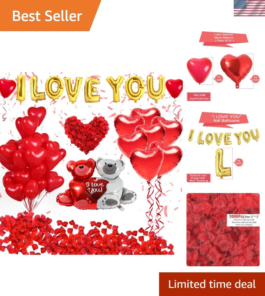 40 Pack I Love You & Heart Balloons Kit with 1000 Dark-Red Confetti for Romantic Decor