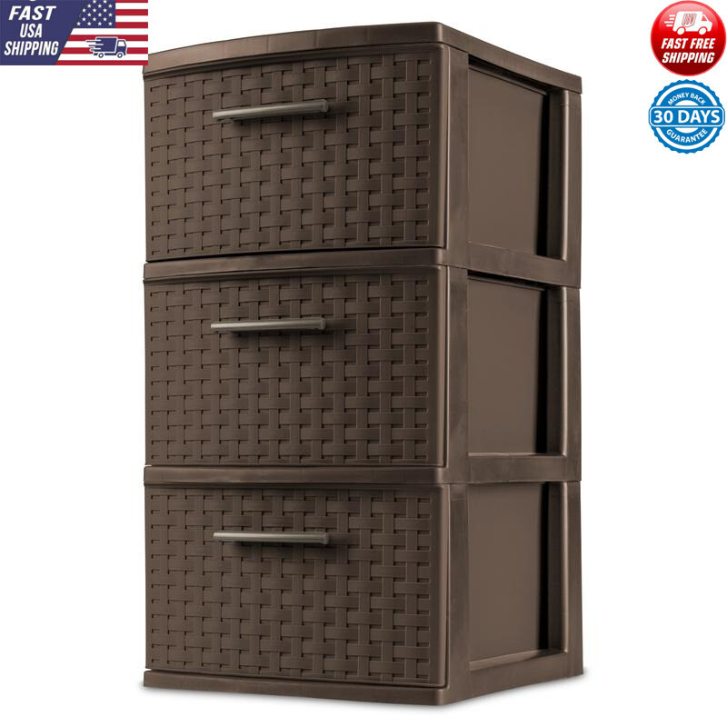 3 Drawer Weave Storage Tower Plastic Organizer Easy Pull Handles Opaque Drawers