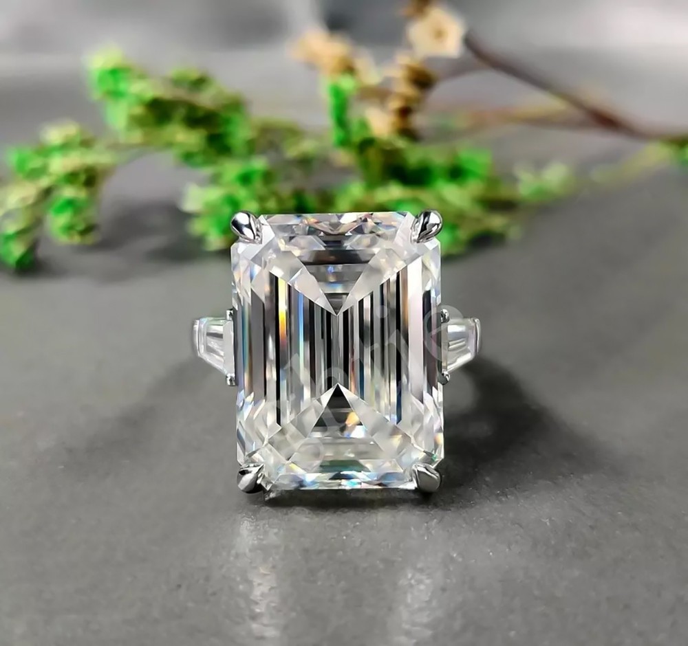 14x10 mm Emerald Cut Certified White Solitaire Diamond 925 Silver Ring
