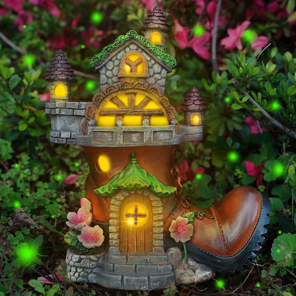 FORUP 10 Inch Fairy House Garden Statues with Boots, Fairy Garden Decor House...