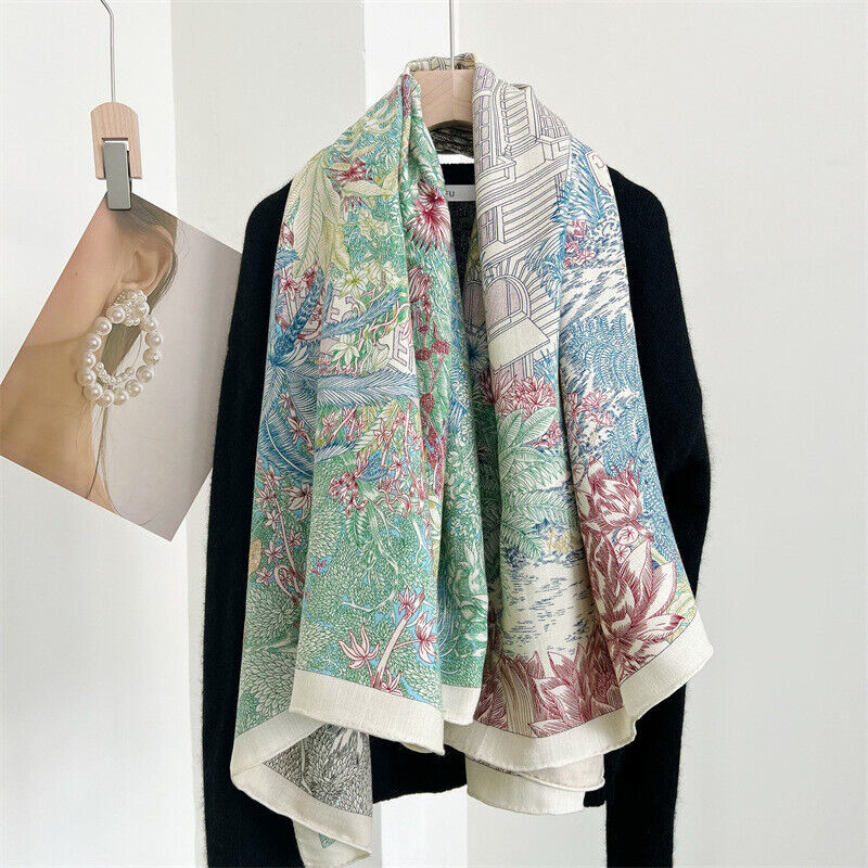 Luxury Double-Sided 70% Cashmere 30% Silk Garden Floral Print Shawl 53