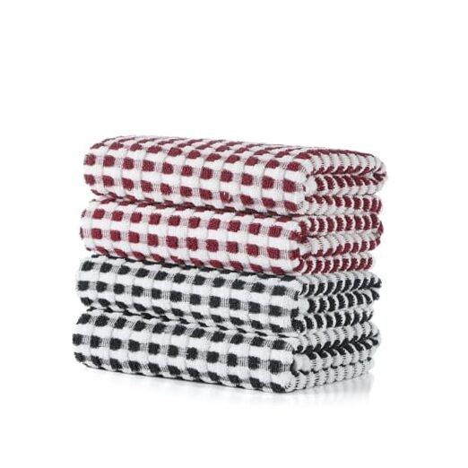 Absorbent Cotton Kitchen Dish Towels Set of 4 Wine Red Black 16x26