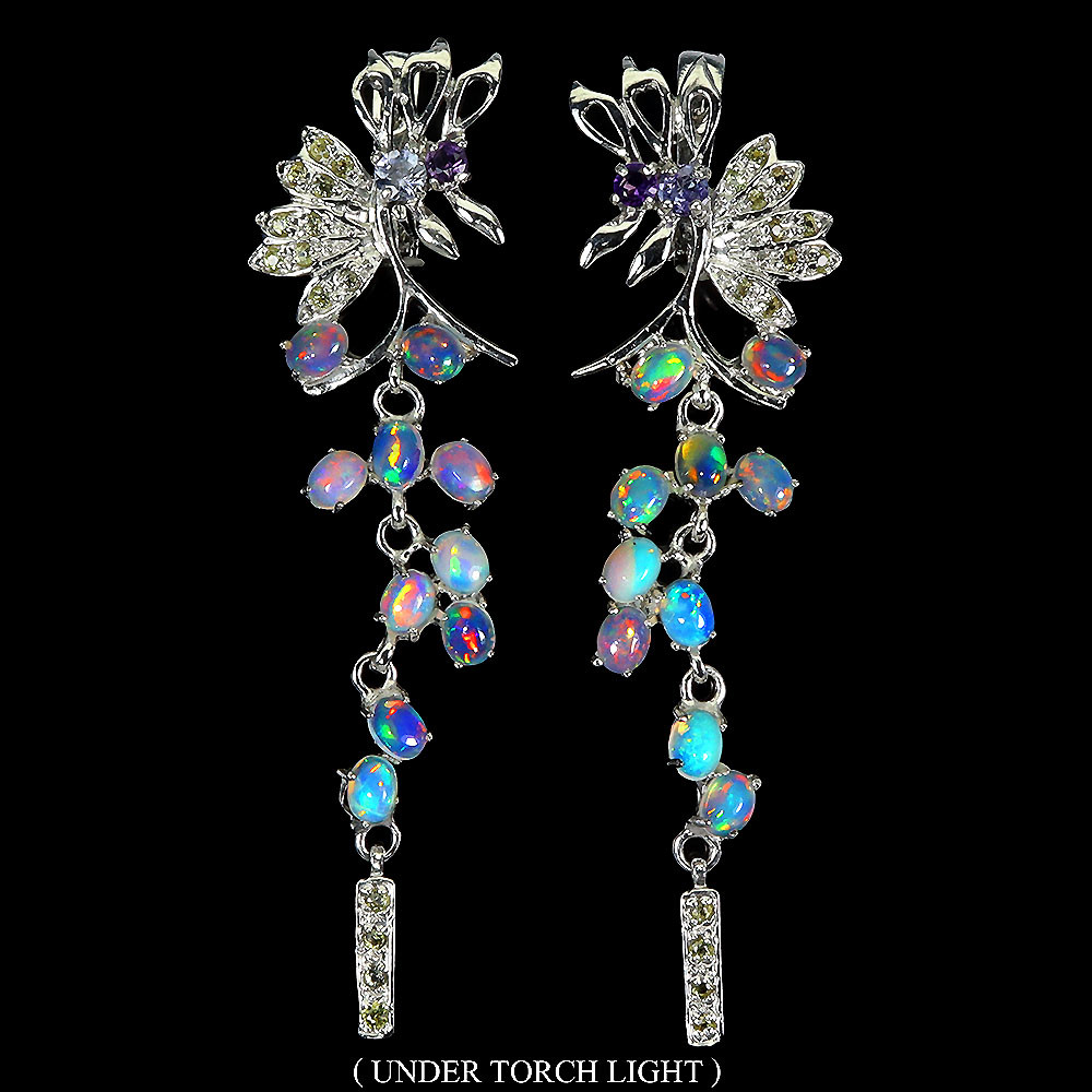 Valentine 925 Silver Earrings with Fire Opal Sapphire Tanzanite Oval Gemstones