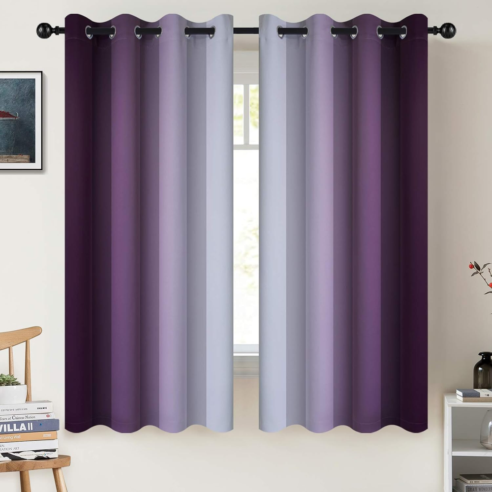 Grommet Ombre Room Darkening Curtains 63 Inch Length, Purple and Greyish White G