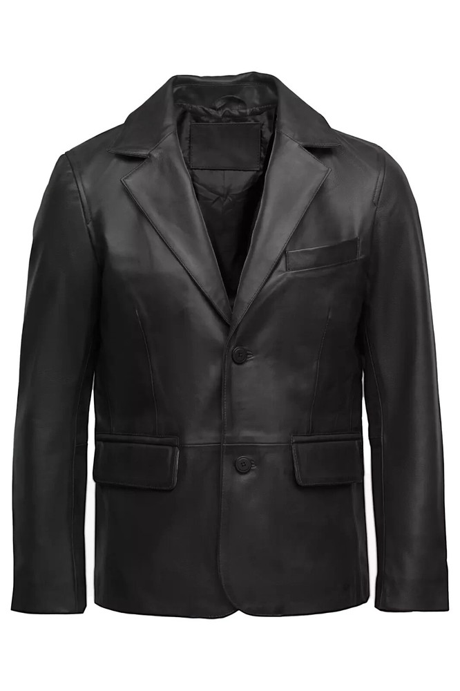 Men's Black 100% Genuine Lambskin Leather Blazer Two Button Classic Jacket Coat