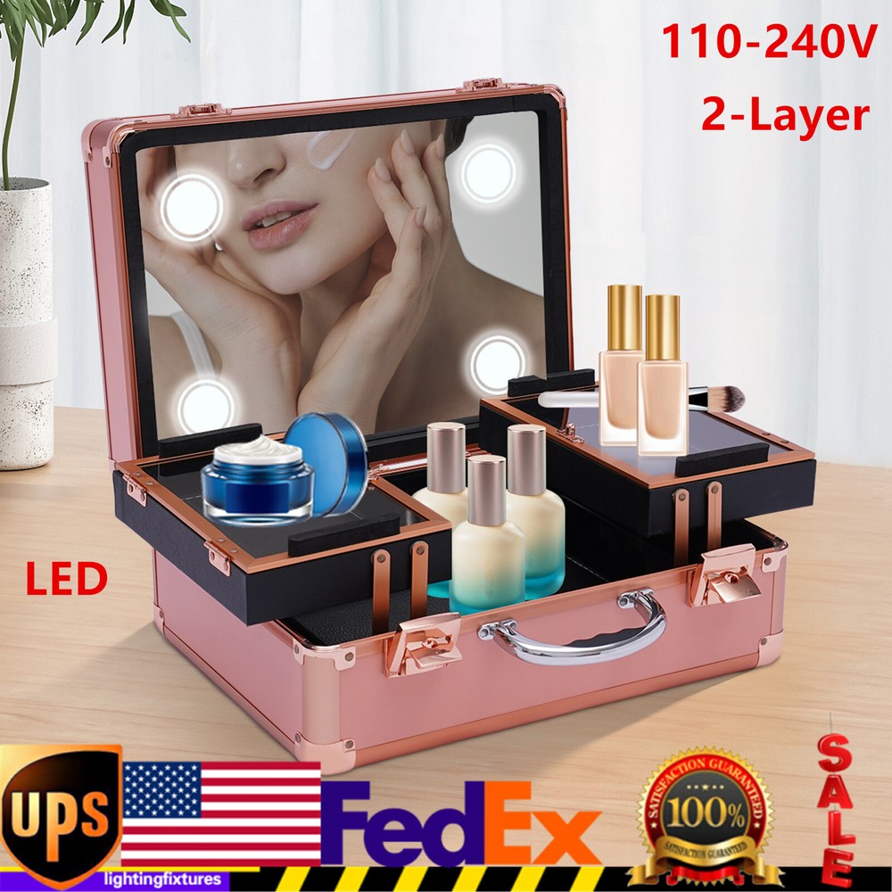 2-Layer Portable Makeup Bag Train Cosmetic Storage Case w/ 2 Lock & LED Mirror