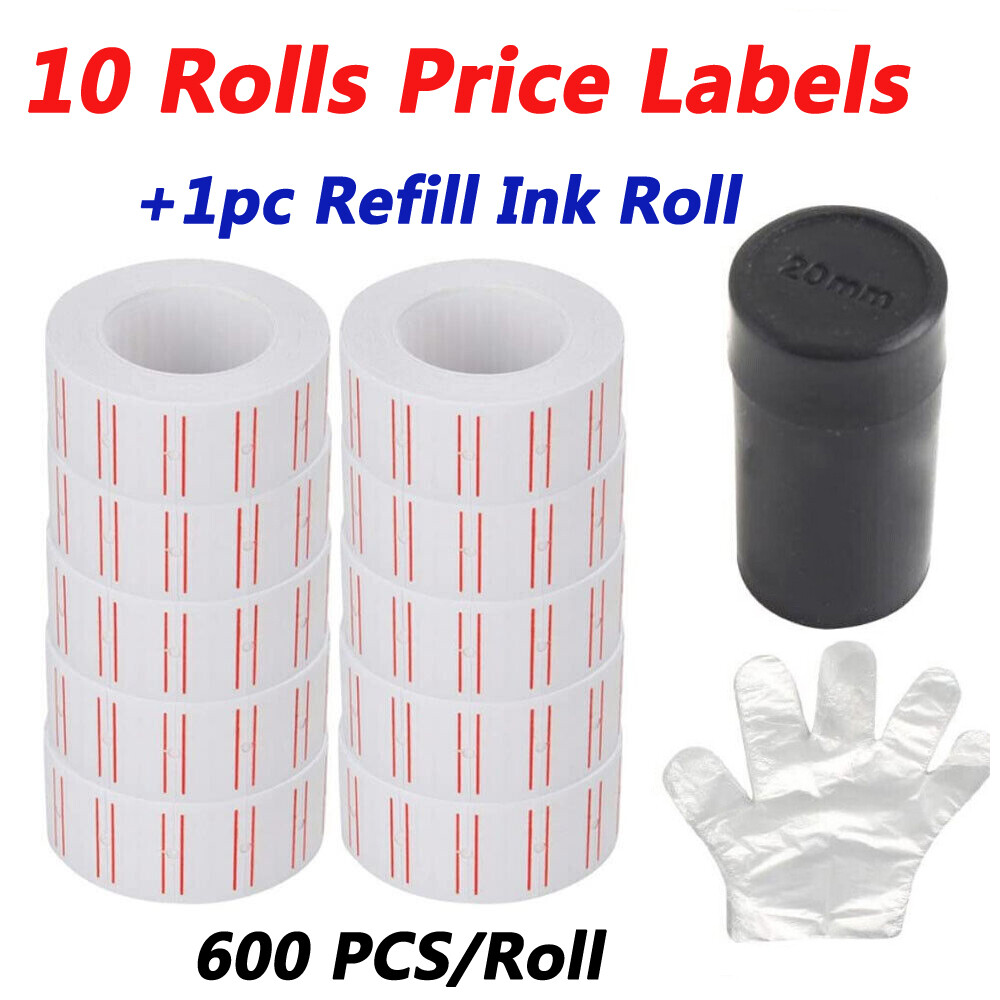 10 Rolls 6000pcs White Price Paper Tag Sticker Gun Labels Refill Ink For MX 5500
