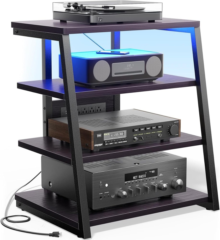 Modern AV Media Stand with LED Lights, Outlets & Stereo Racks