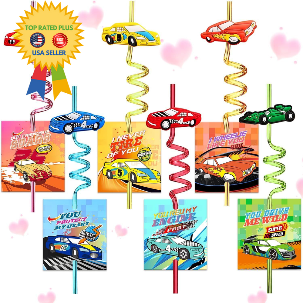 24 Valentines Day Gift Race Car Straws with Cards for Kids Classroom,...-image