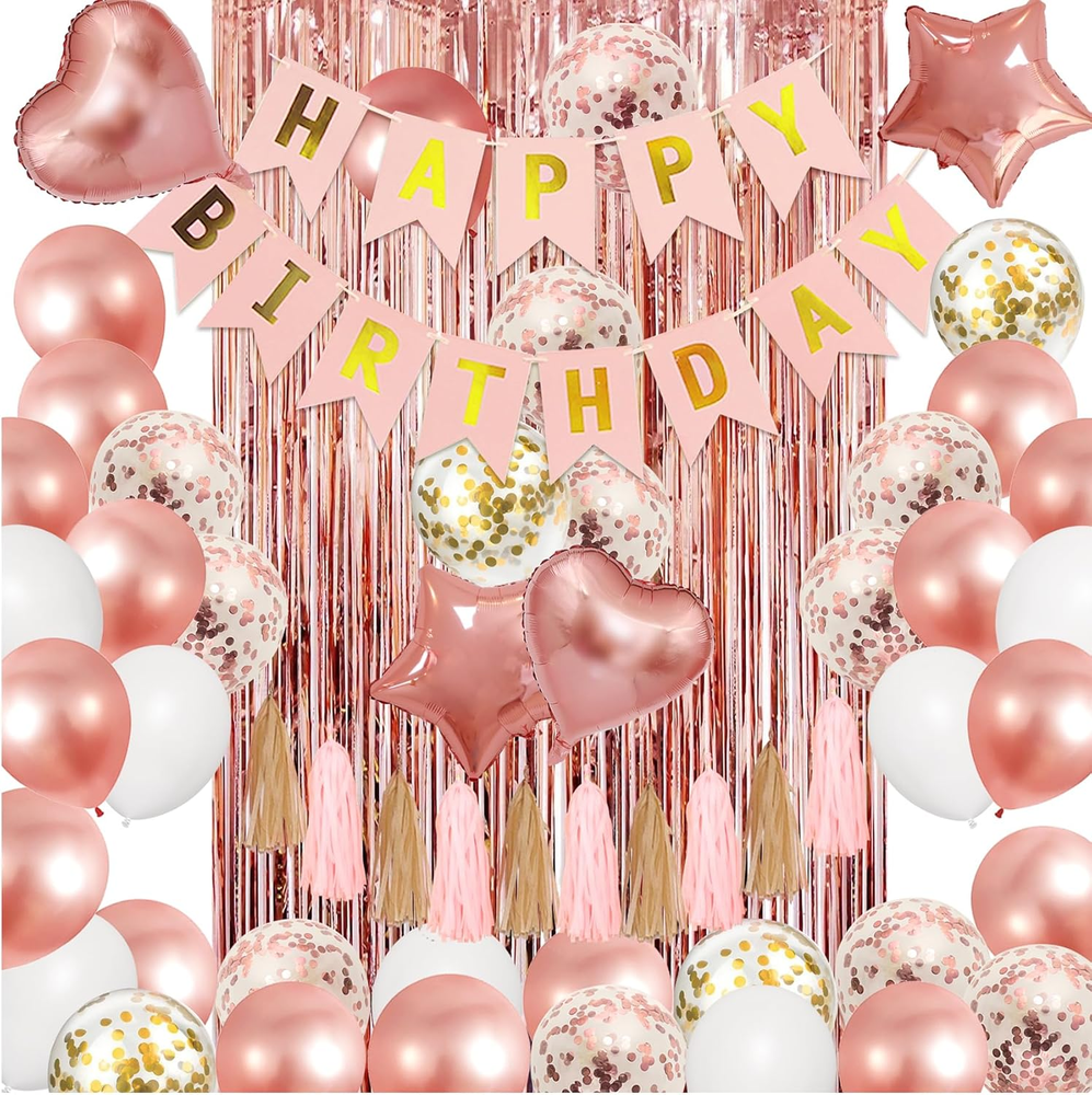 Rose Gold Birthday Party Decorations Kit, Confetti Foil Rose Gold Balloons Happy