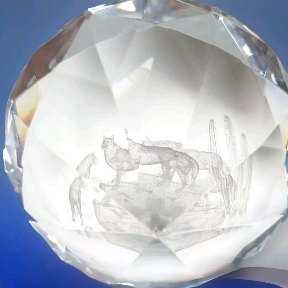 Glass Crystal Clear 3D Laser Coyotes Paperweight Cut Diamond Shaped Rare!