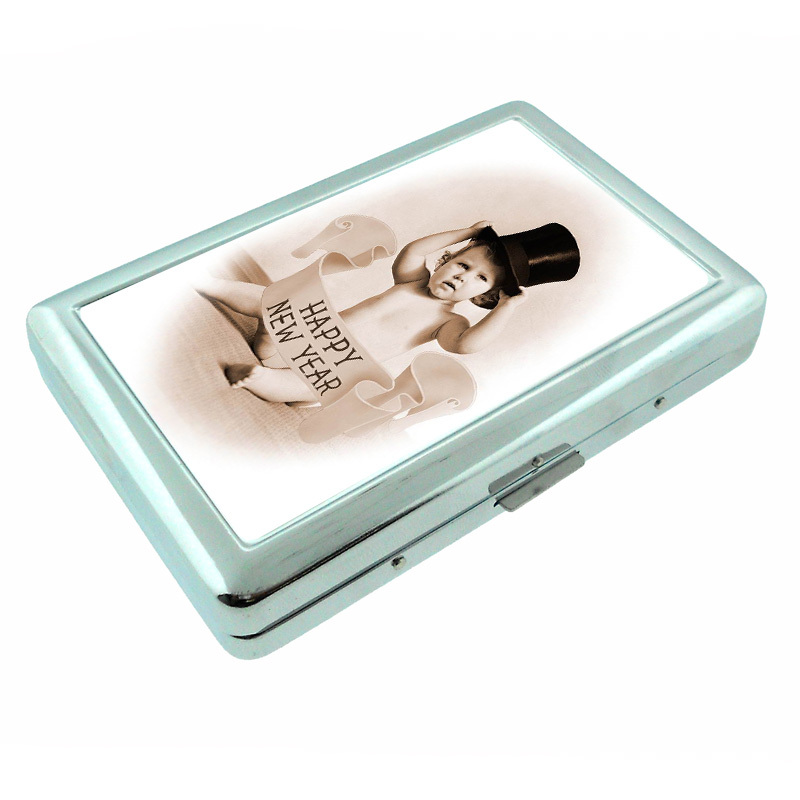 Vintage New Years Eve D14 Silver Metal Cigarette Case RFID Protection Wallet-image
