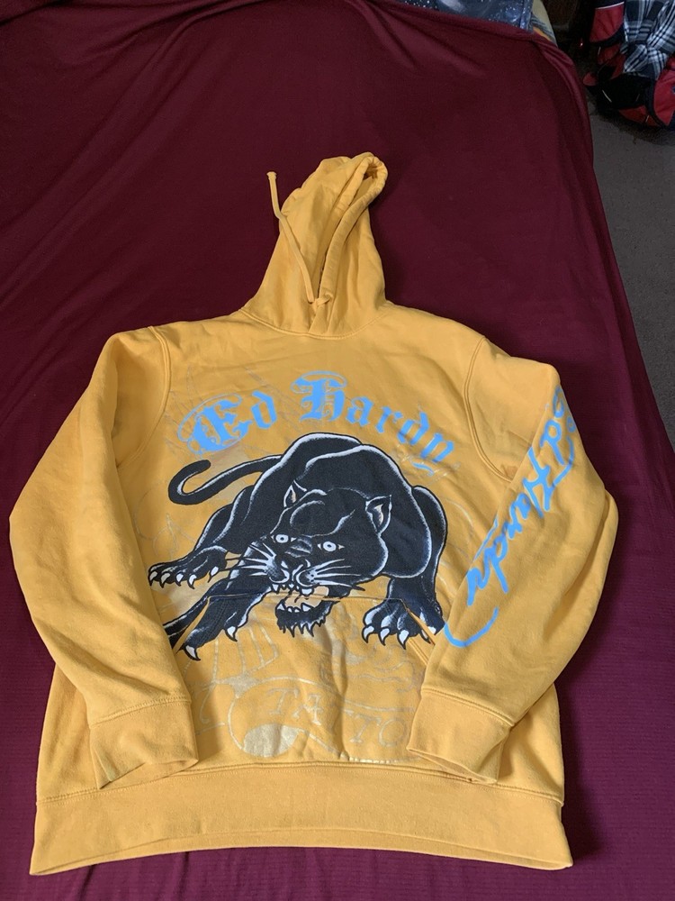 Ed Hardy Hoodie Men’s M Yellow Black Panther Pullover Hooded Sweatshirt Y2K