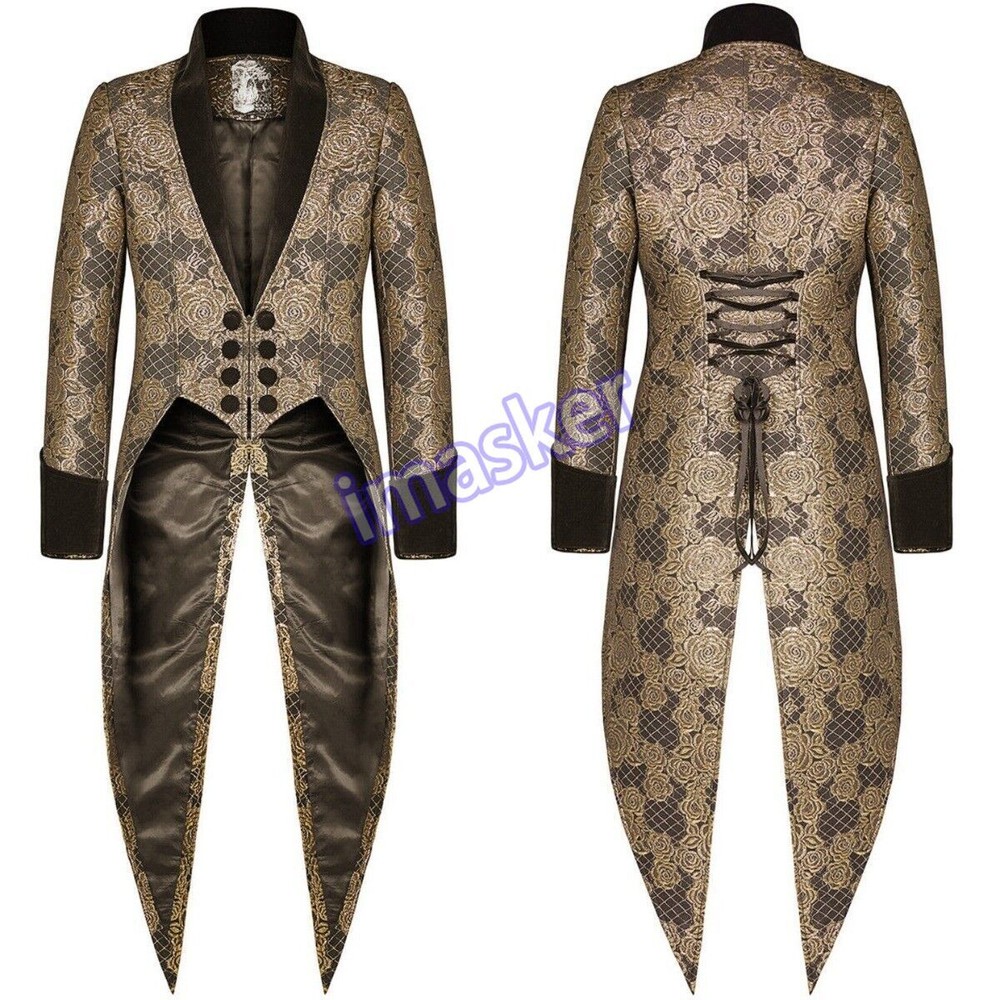 Men's Gothic Steampunk Tail Jacket Black Brocade Wedding Jacquard Jacket Casual