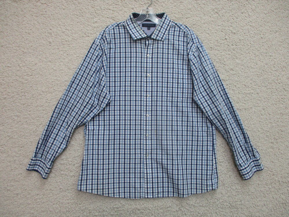 Tommy Hilfiger Mens Blue Check Plaid Cotton Button Up Dress Shirt Size 17.5 with Pocket A1