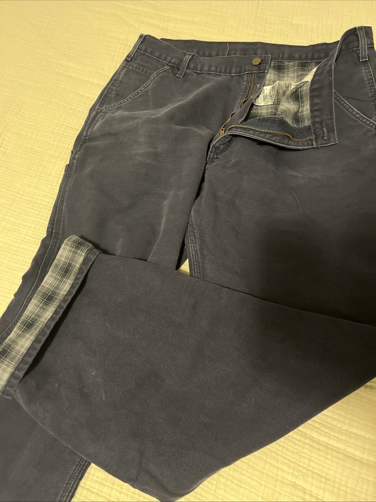 Carhartt Relaxed Fit Fleece-Lined Work Pants 40x34 Navy Plaid Canvas