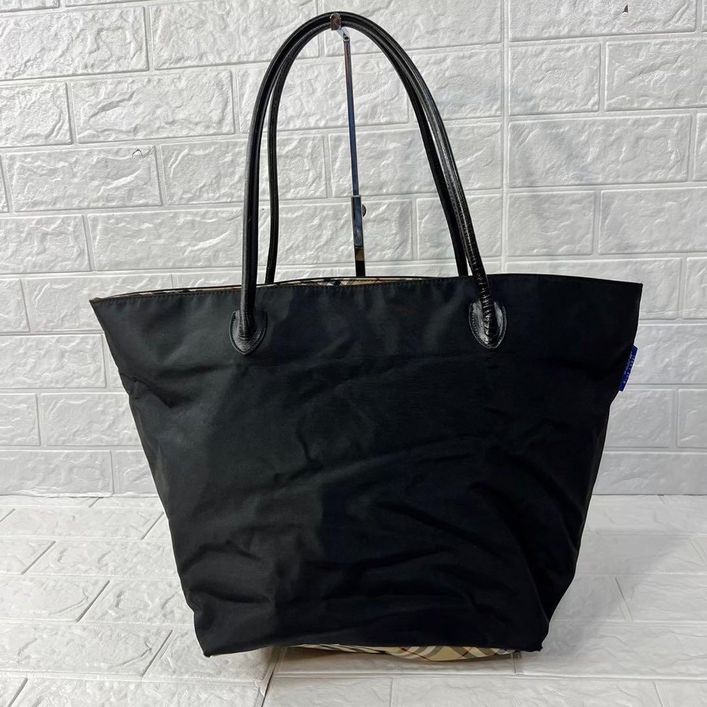 Burberry Boat Tote Bag Nova Check Lightweight Nylon Leather Black
