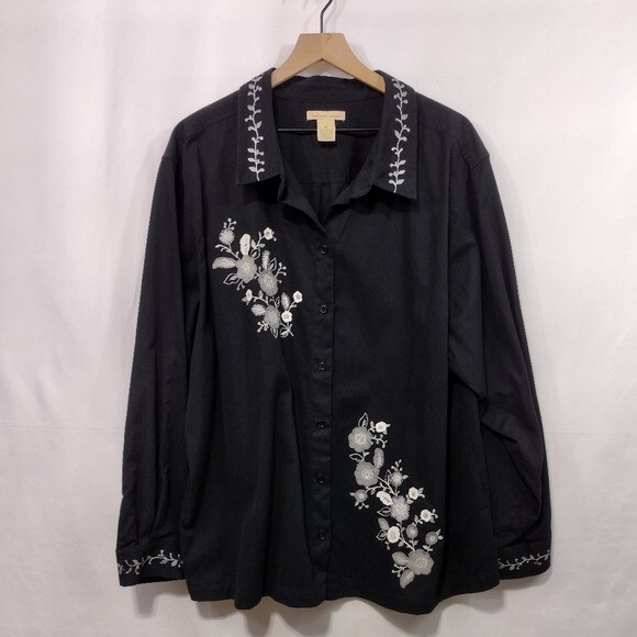 Bechamel Woman Embroidered Floral Button Shirt Womens 3X Black Cottagecore Retro