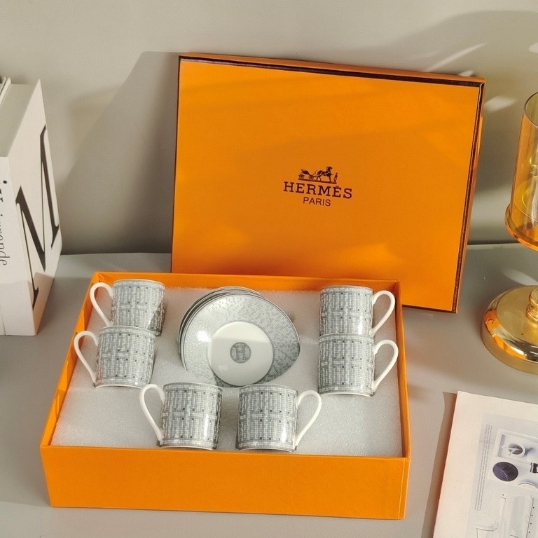 Hermes Paris Porcelain Espresso Cup & Saucer Set – 6 Cups Luxury Coffee Set