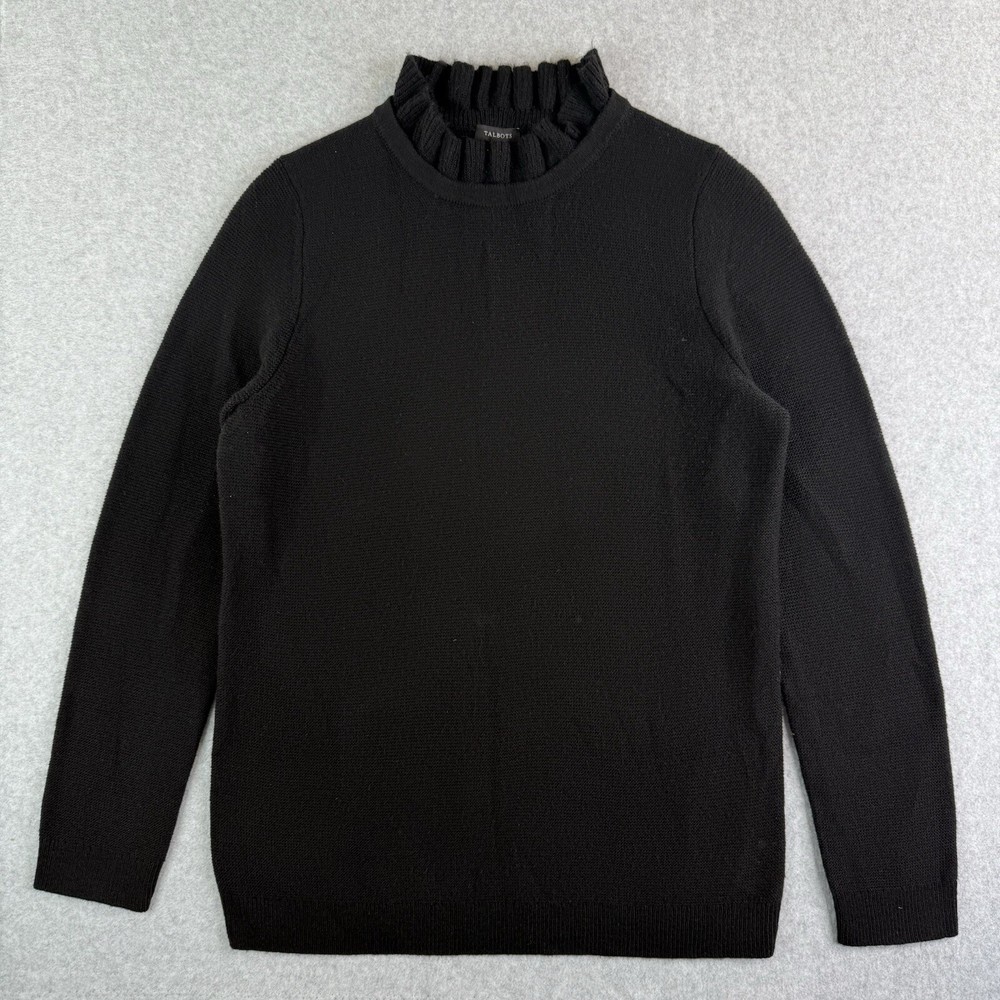 Talbots Women’s Black Ruffle Neck Knit Sweater Size Large Cotton Wool Blend