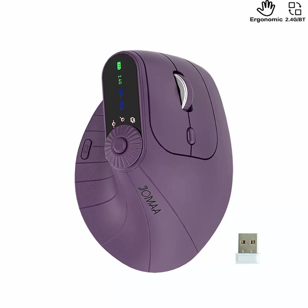 Purple wireless vertical ergonomic mouse with Bluetooth and Logi Bolt USB receiver