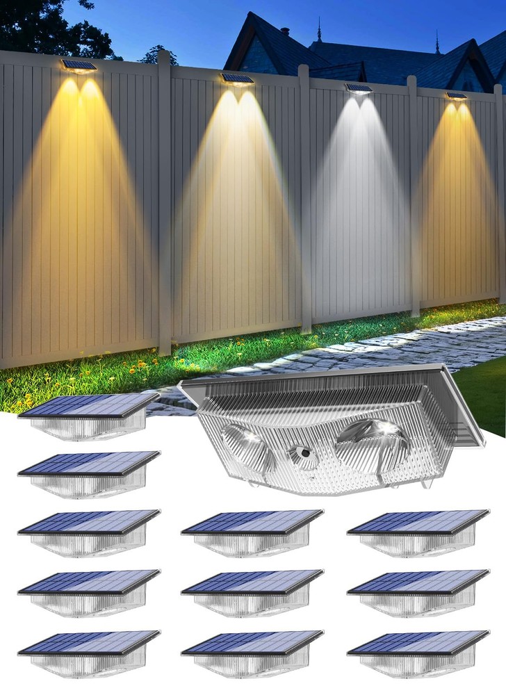 Solar Fence Lights Outdoor with 3 Color Modes IP65 Waterproof