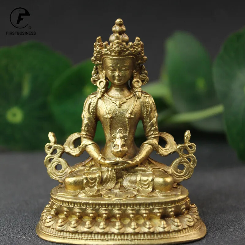 Antique Copper Amitayus Buddha Mini Statue Desktop Decor Amitabha Figurine  