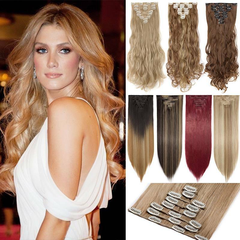 100% Natural Thick Clip-In Human Hair Extensions 8-Piece Full Head Set