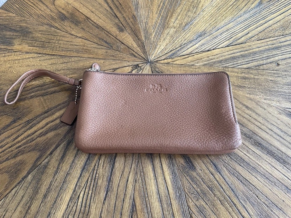 Coach Brown Double Zip Wristlet Wallet for Women with Logo Accents