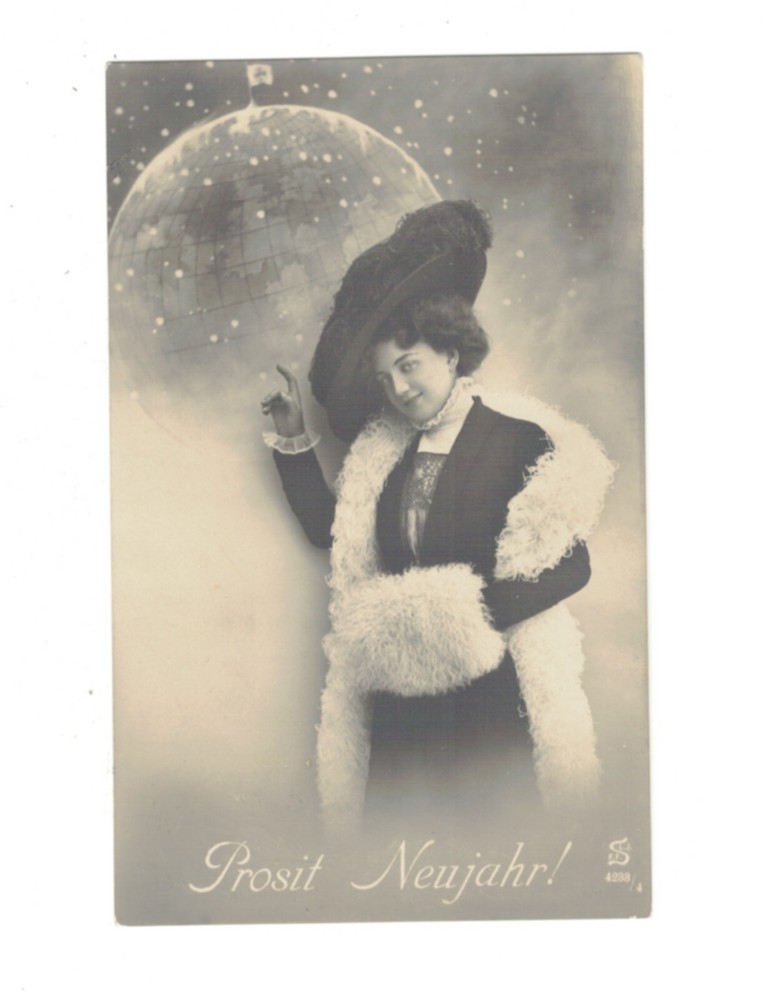 Antique RPPC Victorian Woman in Fur and Big Hat Pointing at Globe New Year SD2614-image
