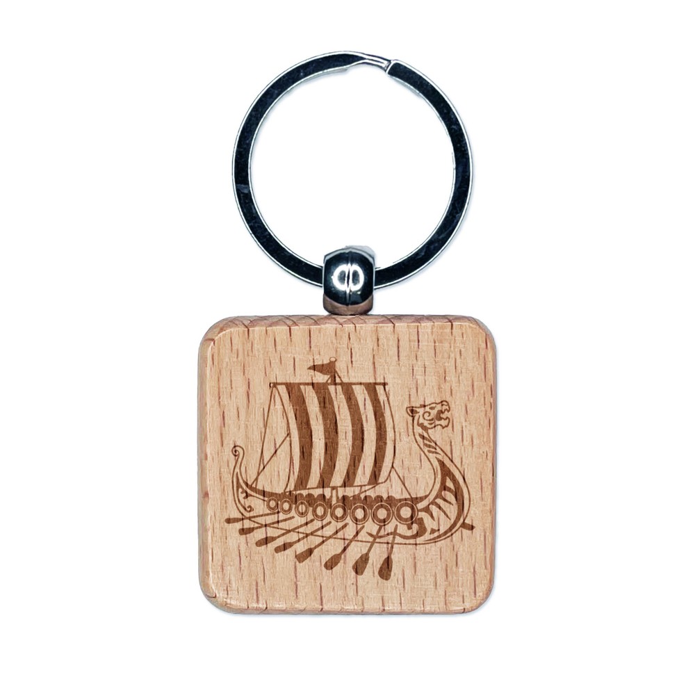 Viking Dragon Longboat Engraved Wood Keychain Charm Tag  