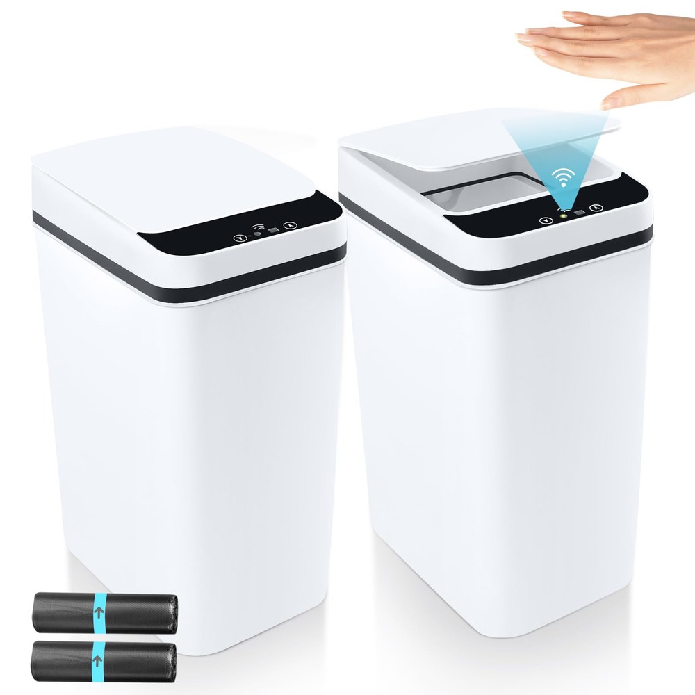 2 Pack Automatic Bathroom Trash Can with Lid & 40Pcs Trash Bags 3.2 Gallon To...
